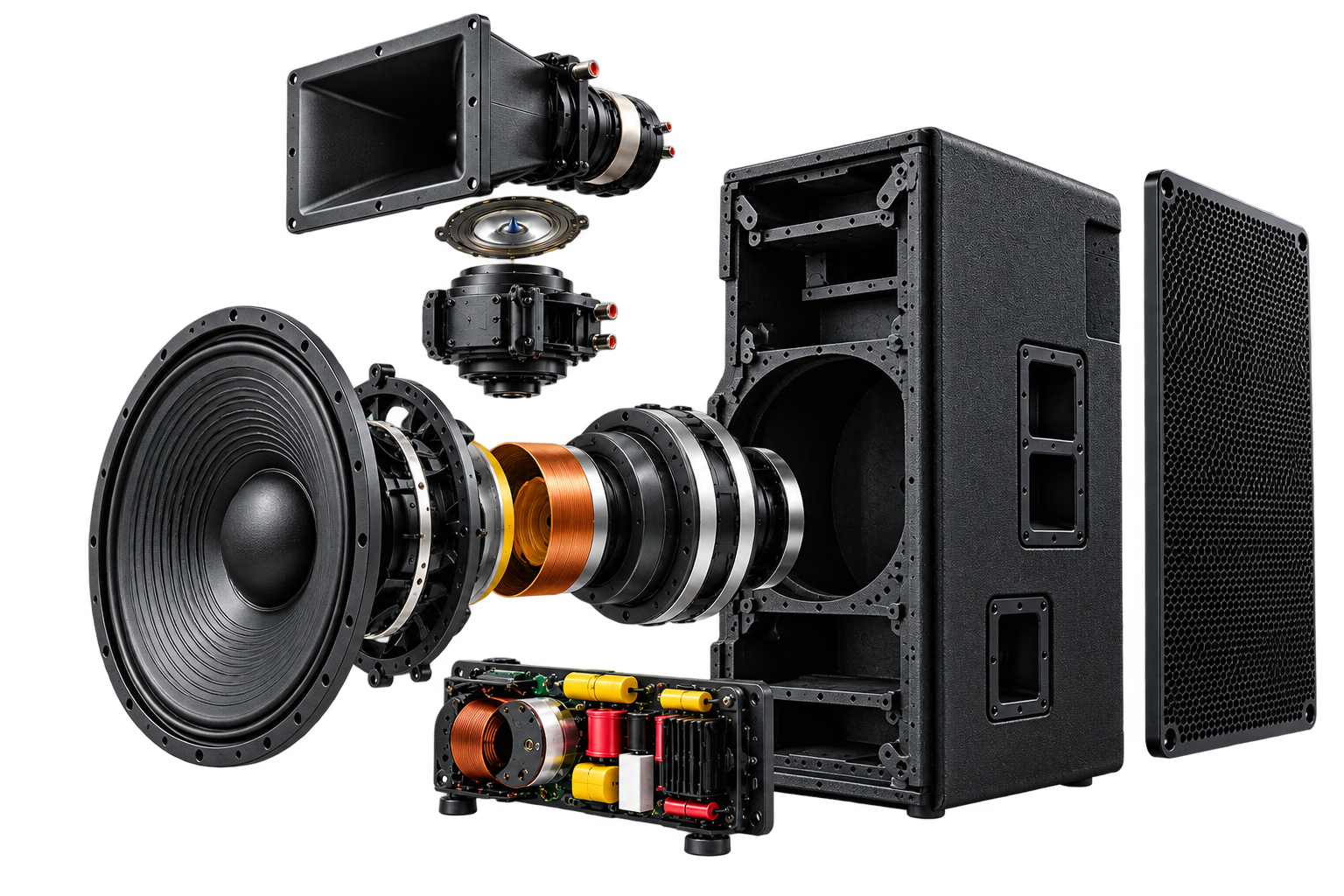 Professional loudspeaker showing internal components